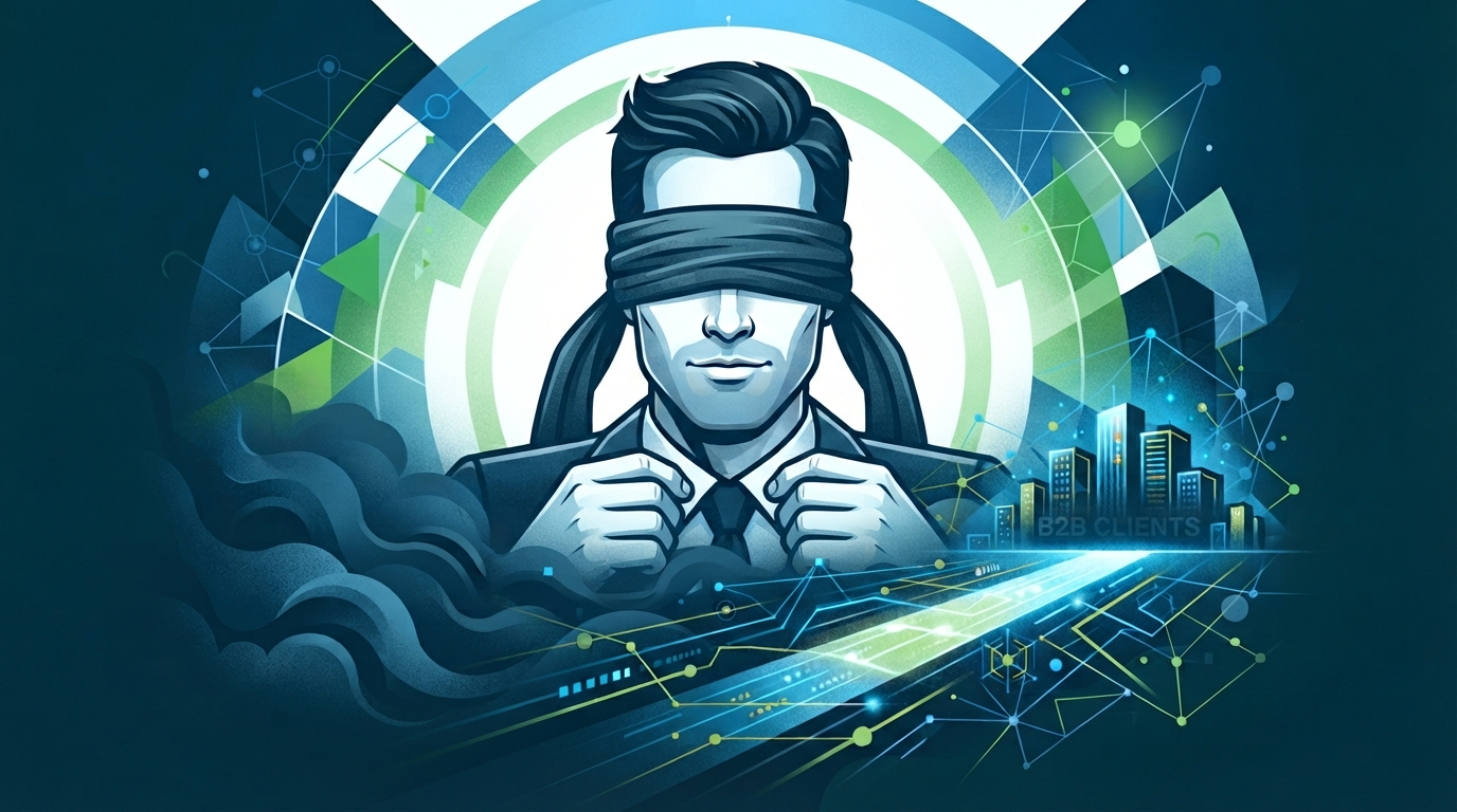 A blindfolded businessman standing between dark clouds and a glowing digital cityscape labeled B2B CLIENTS