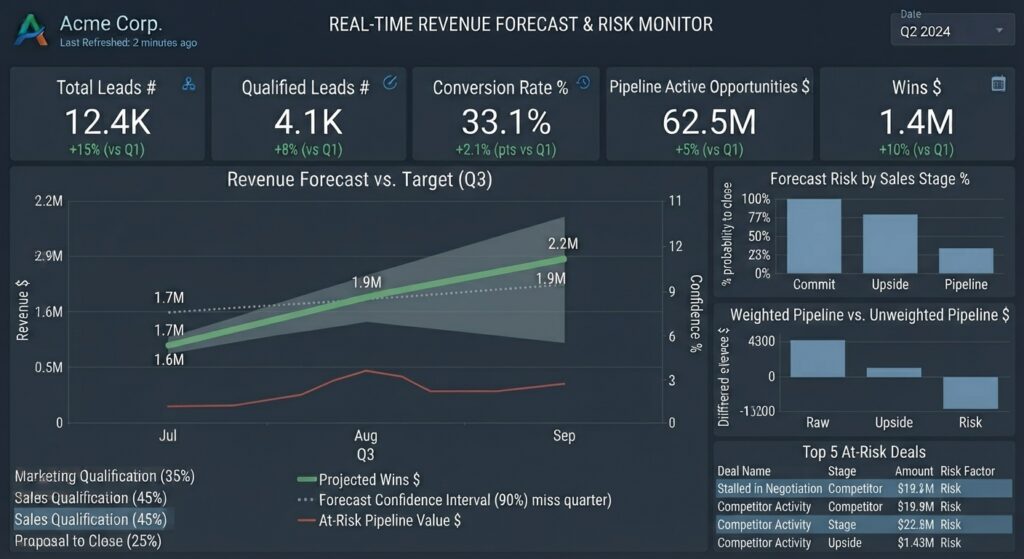 Acme Corp real-time revenue forecast and risk monitor dashboard displaying Q3 forecasts, sales metrics, and risk analysis