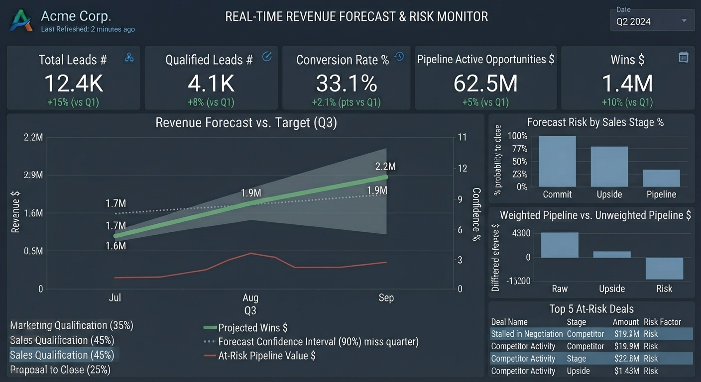 Acme Corp real-time revenue forecast and risk monitor dashboard displaying Q3 forecasts, sales metrics, and risk analysis
