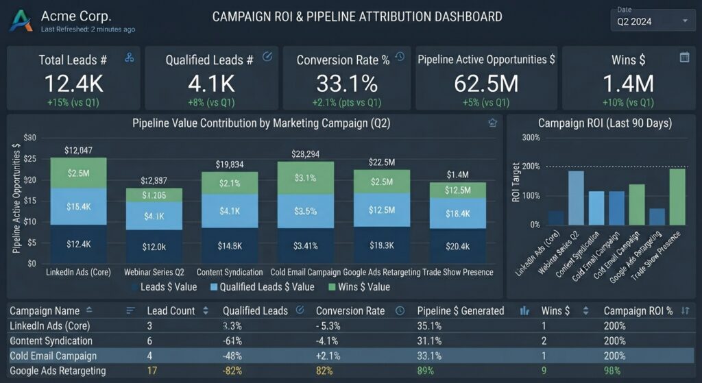 Acme Corp Campaign ROI and Pipeline Attribution Dashboard showing key performance metrics and campaign ROI for Q2 2024