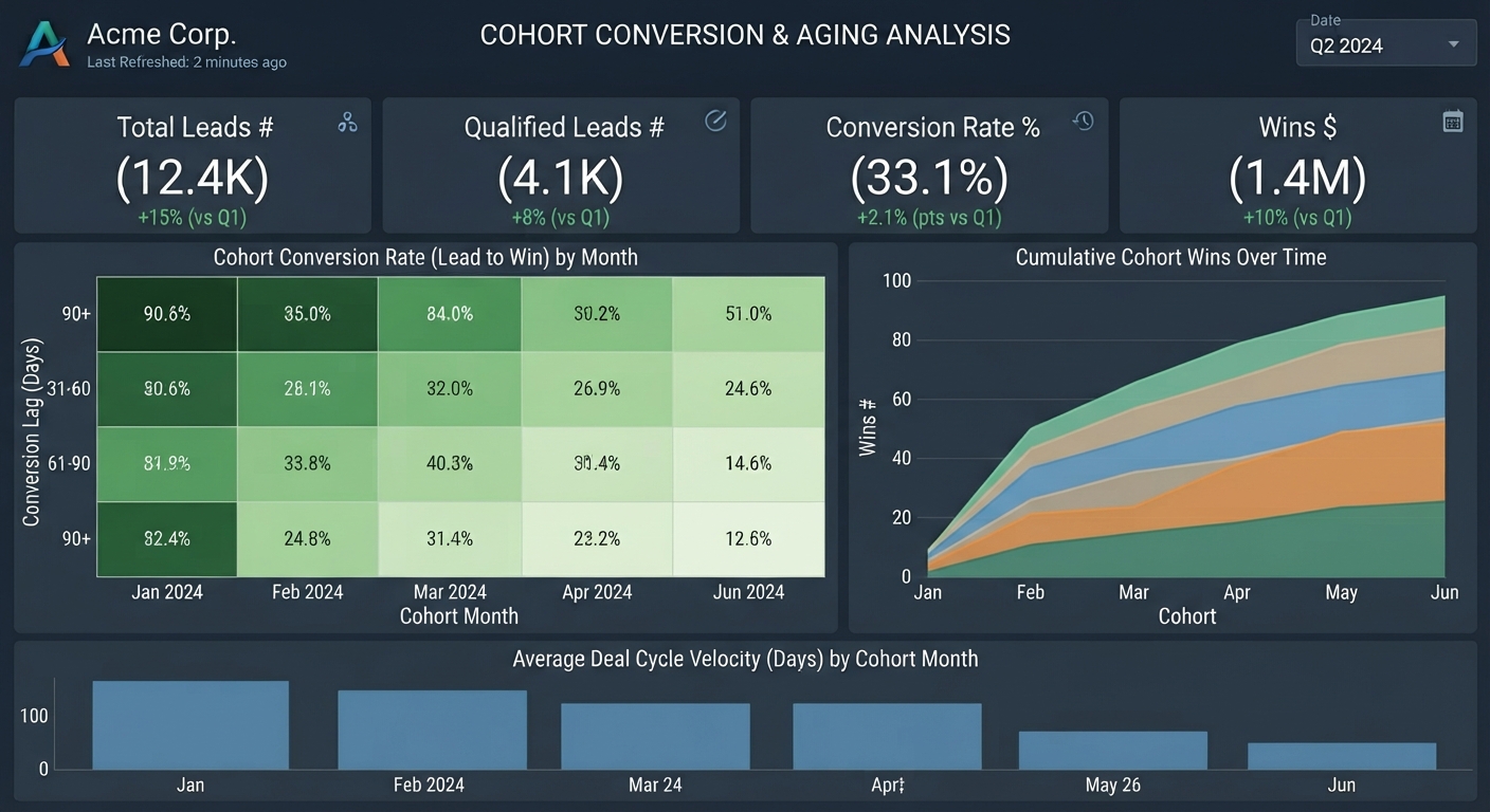Acme Corp Q2 2024 Cohort Conversion dashboard showing 12.4K total leads, 33.1% conversion rate, $1.4M in wins, and cohort performance charts