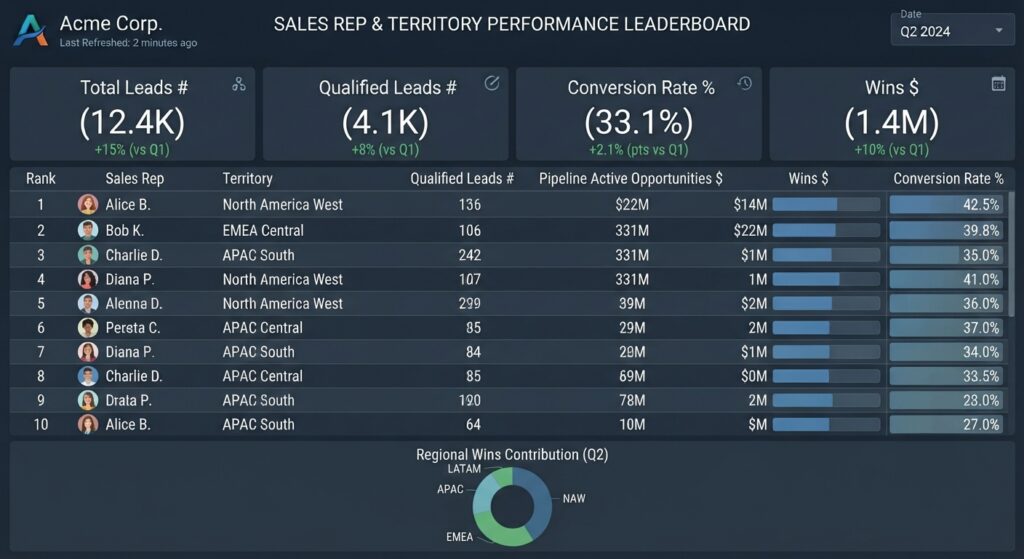Q2 2024 sales leaderboard showing 12.4K total leads, $1.4M in wins, 33.1% conversion rate, and Alice B. ranked first