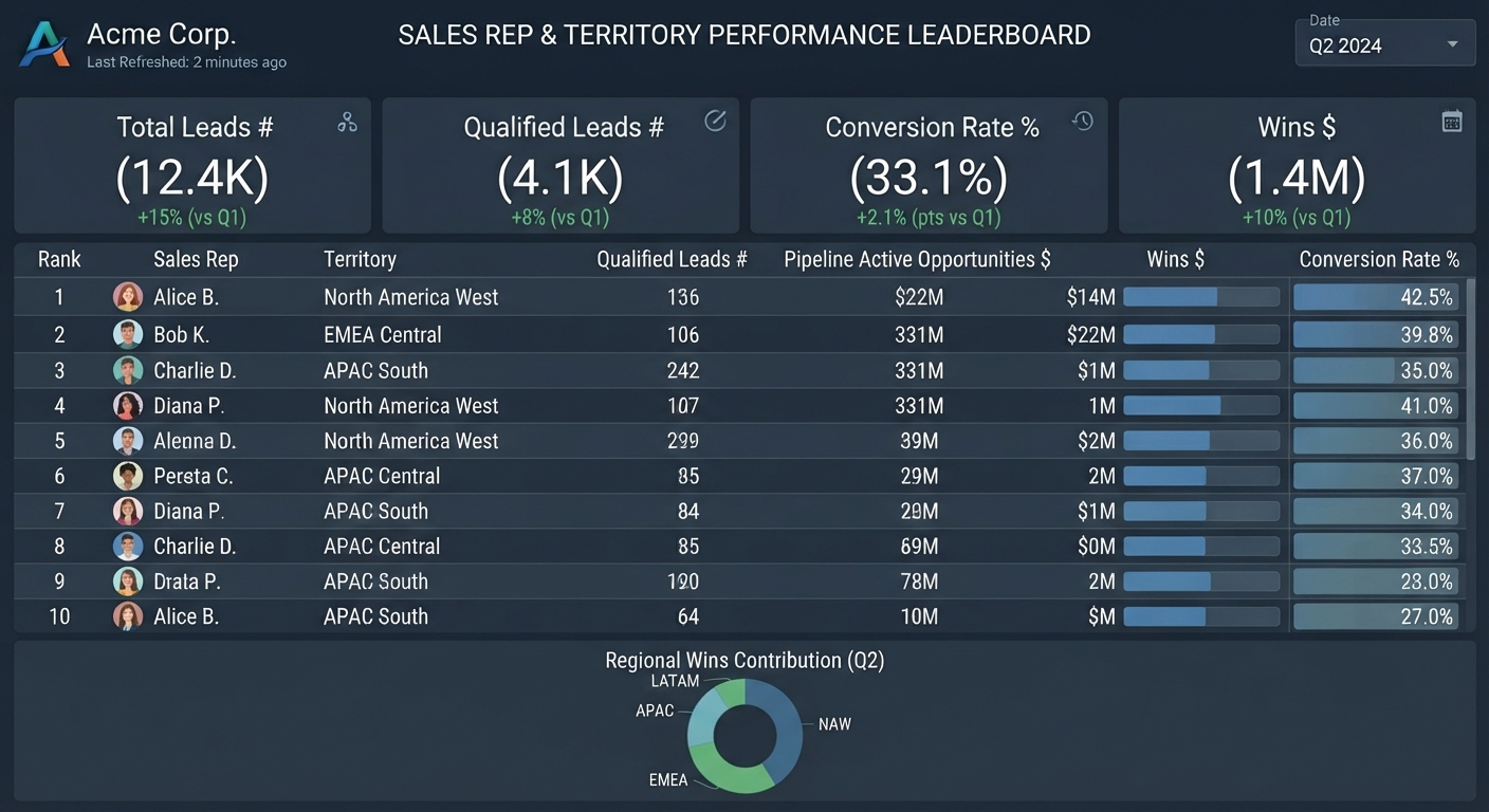 Q2 2024 sales leaderboard showing 12.4K total leads, $1.4M in wins, 33.1% conversion rate, and Alice B. ranked first