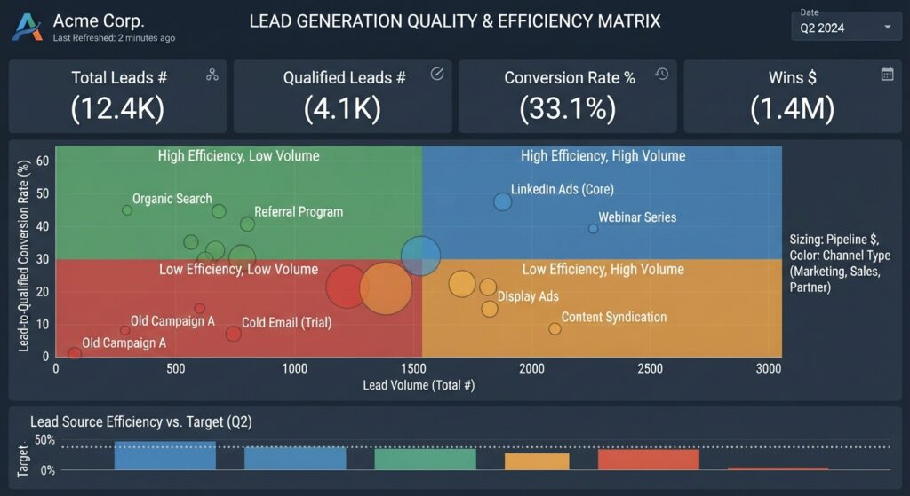 Lead Generation dashboard for Q2 2024 displaying 12.4K total leads, 4.1K qualified leads, a 33.1% conversion rate, and $1.4M in wins