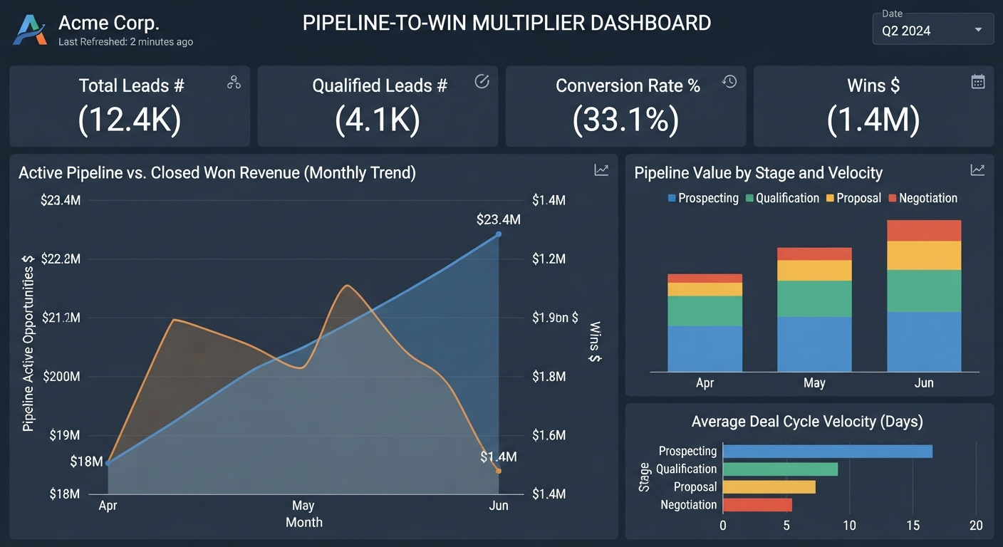 Pipeline-to-Win Multiplier Dashboard showing 12.4K total leads, 4.1K qualified leads, a 33.1% conversion rate, and $1.4M in wins