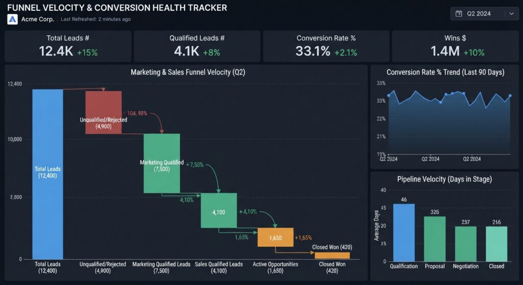 Funnel Velocity and Conversion Health Tracker dashboard displaying 12.4K total leads, 4.1K qualified leads, 33.1% conversion rate, and $1.4M in wins