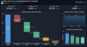 Funnel Velocity and Conversion Health Tracker dashboard displaying 12.4K total leads, 4.1K qualified leads, 33.1% conversion rate, and $1.4M in wins